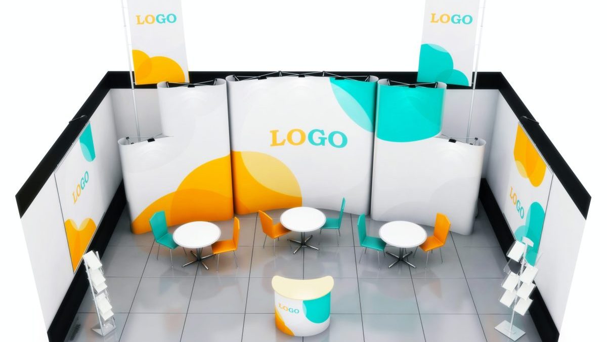 Blank creative exhibition stand design with color shapes. Booth template. Corporate marks and corporate identity. 3D rendering