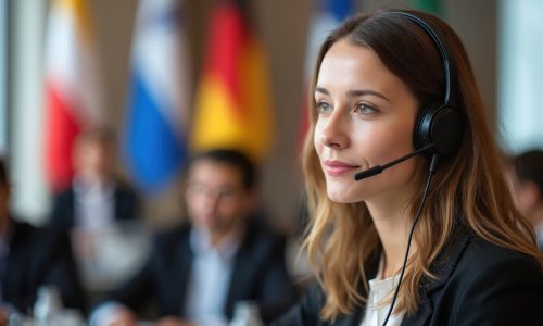 Young woman works as conference interpreter wearing, headset at international summit meeting. Blurred flags background. Delegates listen to translation. Language globalization business communication.